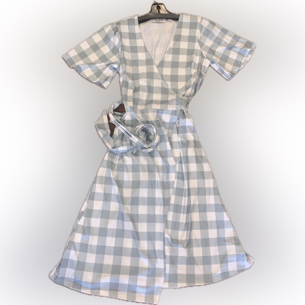 Cottagecore Seafoam Green White Gingham Plaid Flowy Wrap Midi Dress 4 Country - Picture 8 of 11